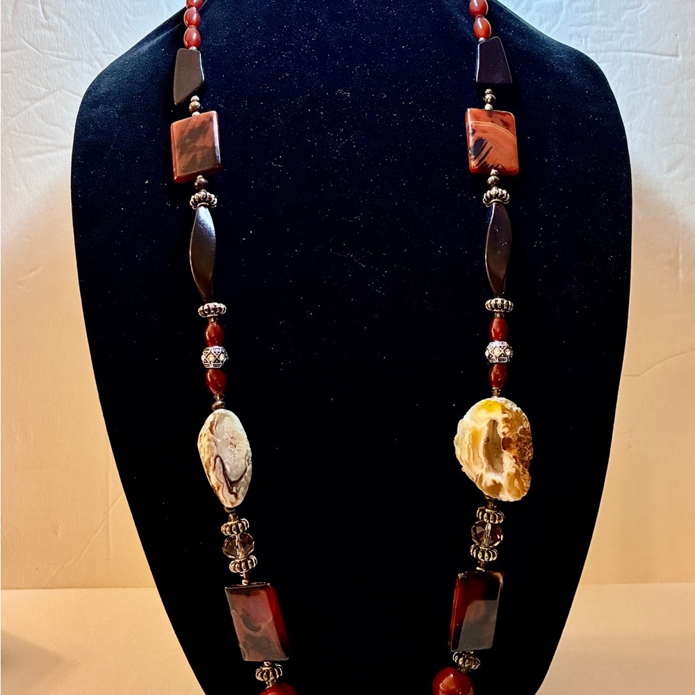 Vintage, Boho, Chunky, Heavy, Stone & Glass Necklace with Silver Tone Accents